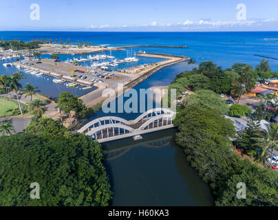 Aerial view of Anahulu bridge and Harbor boat harbor in Hale'iwa on the north shore of Oahu Hawaii USA Stock Photo