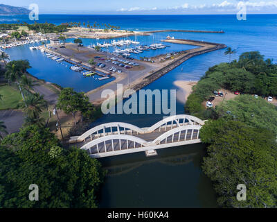 Aerial view of Anahulu bridge and Harbor boat harbor in Hale'iwa on the north shore of Oahu Hawaii USA Stock Photo