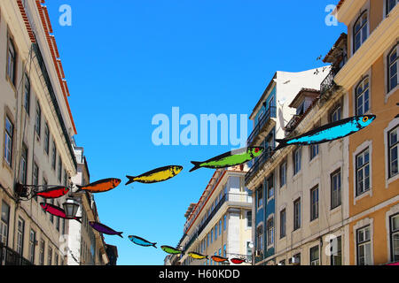 Central street of Lisbon decorated with sardines during Popular Saints Festival (Festas dos Santos Populare) Stock Photo