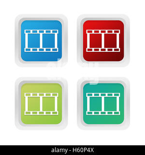 Set of squared colorful buttons with movie symbol in blue, green and red colors Stock Photo