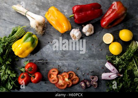 fresh vegetables on  black marble view from above in a modern style with copy space Stock Photo