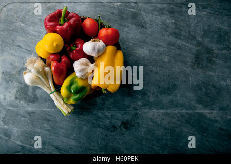 fresh vegetables on  black marble view from above in a modern style Stock Photo