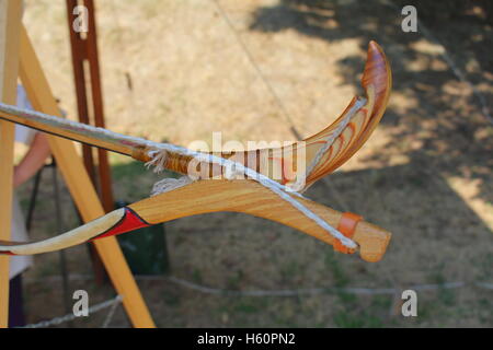 medieval wooden crossbow in exibition Stock Photo