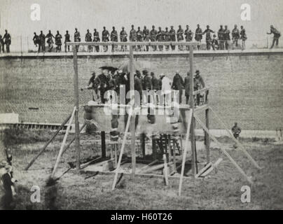 Hanging of Conspirators of Assassination of U.S. President, Abraham Lincoln, Arsenal Prison, Washington, DC, USA, by Alexander Gardner, July 7, 1865 Stock Photo