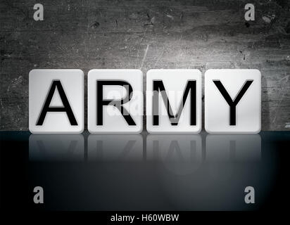 The word 'Army' written in white tiles against a dark vintage grunge background. Stock Photo