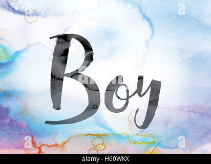 The word 'Boy' painted in black ink over a colorful watercolor washed background concept and theme. Stock Photo