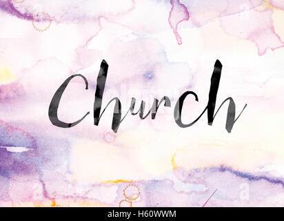 The word 'Church' painted in black ink over a colorful watercolor washed background concept and theme. Stock Photo