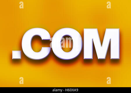 The word 'Dot Com' written in white 3D letters on a colorful background concept and theme. Stock Photo