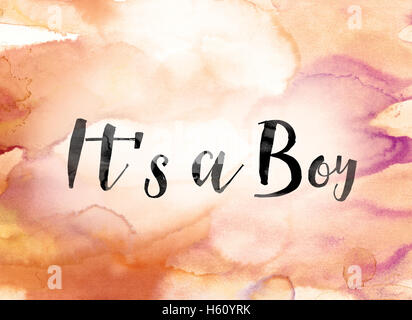 The word 'It's a Boy' painted in black ink over a colorful watercolor washed background concept and theme. Stock Photo