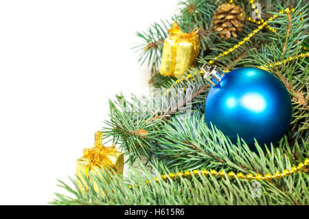 Christmas tree branches with cones, gifts Stock Photo