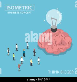 Isometric business people standing in front of the big brain and light bulb of idea, think bigger concept Stock Vector