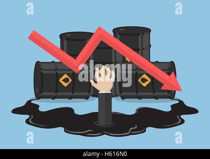 Businessman hand drowned in oil from barrels with price reduction graph, bankruptcy, oil crisis concept Stock Vector