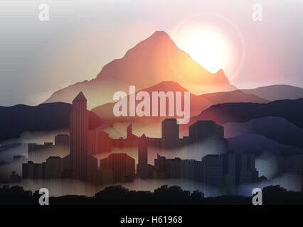 City Skyline at Sunset in the Mountains - Vector Illustration Stock Vector