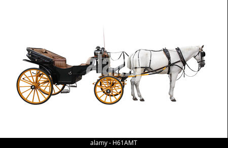 Horse and nice vintage coach with big yellow wheels. Isolated on white Stock Photo