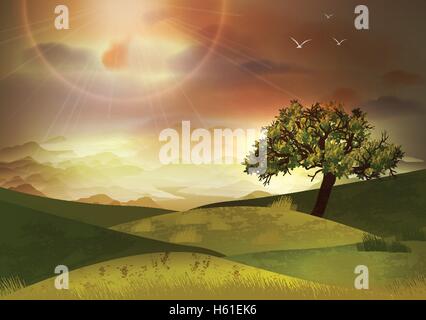 Rural Summer Landscape With Fields and Hills - Vector Illustration Stock Vector