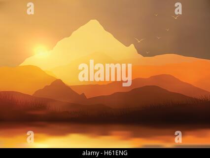 Golden Sunset Panorama of Mountain Ridges and Pine Forest with Lake Reflection - Vector Illustration Stock Vector