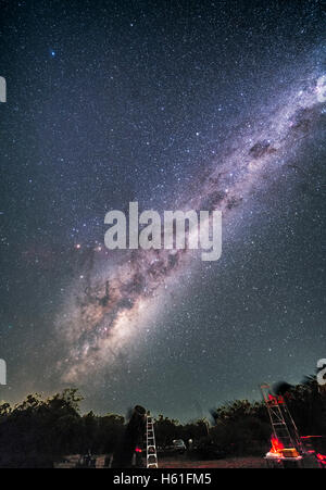 The galactic centre area of the Milky Way in Sagittarius and Scorpius rising over some of the telescopes of the OzSky Star Party Stock Photo