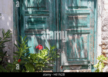 Weathered and faded green wood door Stock Photo