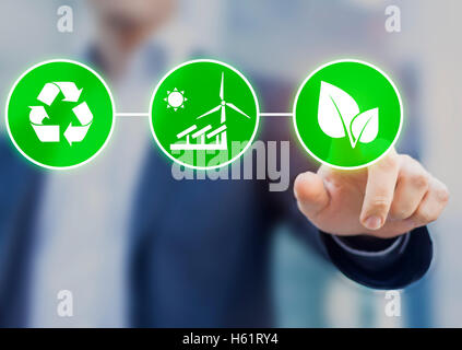 Concept about sustainable development, ecology and environment protection. Person touching green buttons with icons Stock Photo