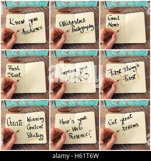 Photo collage of handwritten business motivational messages. Stock Photo