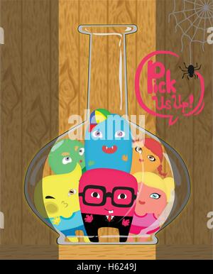Tiny monster trapped in the bottle asking for you to pick them up! (with background) Stock Vector