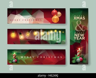 Vector Christmas banner design with abstract polygonal background. Horizontal and vertical template design set. Stock Vector