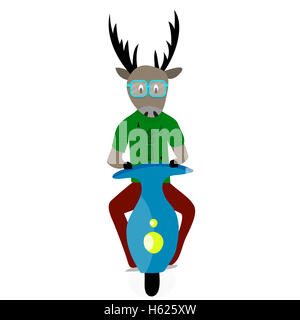 Deer hipster cartoon. Hipster in glasses on moped, hip trendy, vintage hipster fashion. Vector illustration Stock Photo