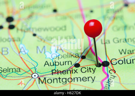 Phoenix City pinned on a map of Alabama, USA Stock Photo