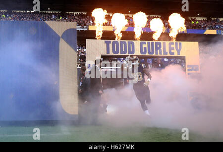 Los Angeles Rams Todd Gurley enters the field prior to the NFL International Series match at Twickenham, London. Stock Photo
