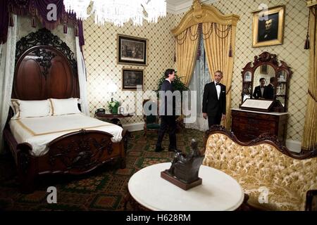 U.S. President Barack Obama gives Canadian Prime Minister Justin Trudeau a tour of the White House Lincoln Bedroom prior to the State Dinner March 10, 2016 in Washington, DC. Stock Photo