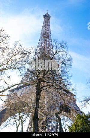 eiffel tower is seen very well through the winter trees Stock Photo