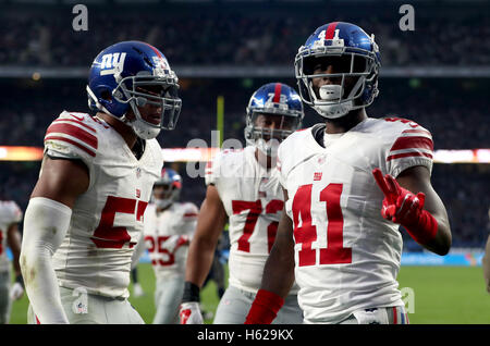 New York Giants cornerback Dominique Rodgers-Cromartie (41) celebrates the  first of his two second-half interceptions against the Washington Redskins  at FedEx Field in Landover, Maryland on Sunday, January 1, 2017. The Giants