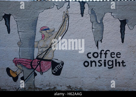 Rock climbing bar and cafe Coffee Onsight mural outside the bar in Massouri, at Kalymnos island in Greece Stock Photo