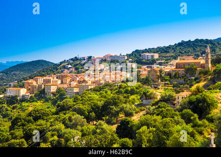 Sartene old town with green forest and mountains, Corsica, France, Europe. Stock Photo