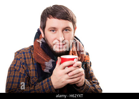 Man having cup of tea on white background Stock Photo
