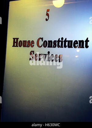 House Constituent Services Sign on Frosted Door, The State House in Providence, Rhode Island, USA Stock Photo