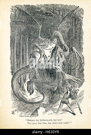 This is a scene from what Alice saw once she went through the Looking Glass and into the Looking Glass room in Lewis Carroll's 'Through the Looking Glass.' It shows the Jabberwock, and the caption reads, 'Beware the Jabberwock, my son! The jaws that bite, the claws that catch.' The Jabberwock is a monster, and the nonsense poem about killing this monster is called 'Jabberwocky.'