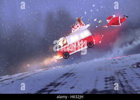 funny scene of santa claus and the van with christmas gift bags jumping on winter road,illustration painting Stock Photo