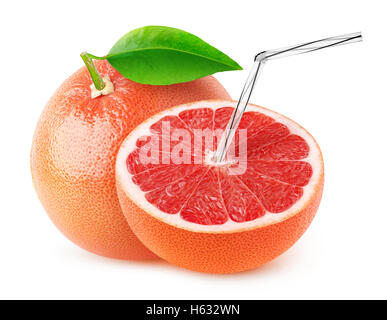 Isolated grapefruit juice. One and a half pink grapefruit with straw in it, natural fresh juice concept isolated on white backgr Stock Photo