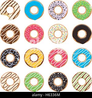 vector flat icons of glazed colorful donuts on white background Stock Vector