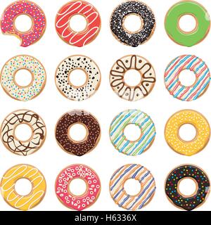 vector flat icons of glazed colorful donuts on white background, one donut is bitten Stock Vector
