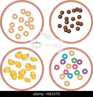 vector top view set of bowls with breakfast wholegrain cereal in milk for kids Stock Vector