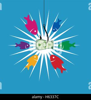 vector colorful business symbol with hook, bait and hungry fishes in temptation to catch a shiny dollar Stock Vector