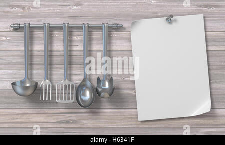 Blank paper with kitchen utensils 3D render illustration on wooden background Stock Photo
