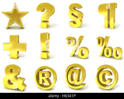 3D golden signs and symbols render illustration isolated on white background Stock Photo