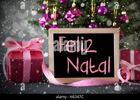 Tree With Gifts, Snowflakes, Bokeh, Feliz Natal Means Merry Christmas Stock Photo