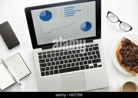 Open laptop with a diagram on, glasses, mobile, office supplies Stock Photo