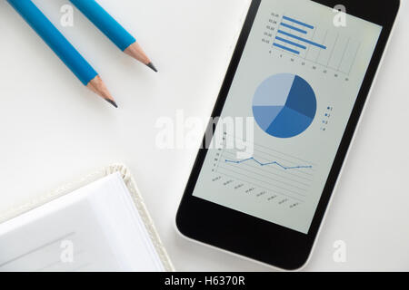 Top view of a mobile phone on a desk, diagram Stock Photo