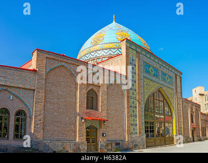 Central portal of Blue Mosque, decorated with islamic patterns on glazed tiles and topped with colorful tiled dome,  Yerevan Stock Photo