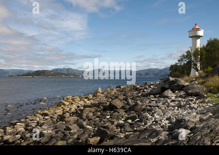 View over Ulvesund lighthouse and strait near Måløy, western Norway. Stock Photo